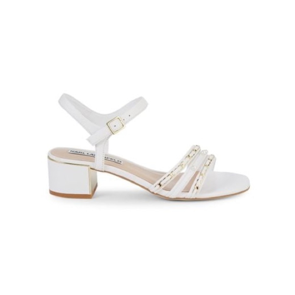 Karl Lagerfeld Paris White Block Heel Sandals w/ Chains & Pearls 7 (37.5)